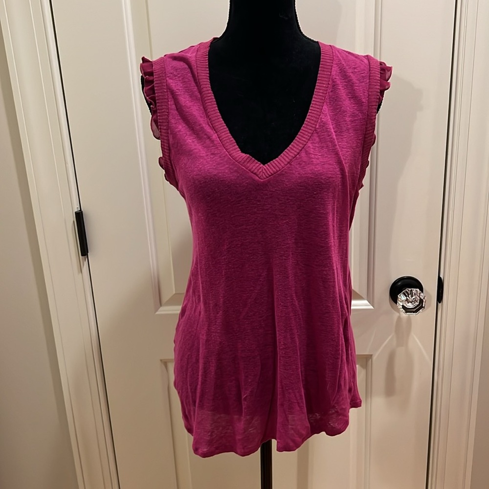 Sheer ruffle edge slight cap sleeve vneck woven top